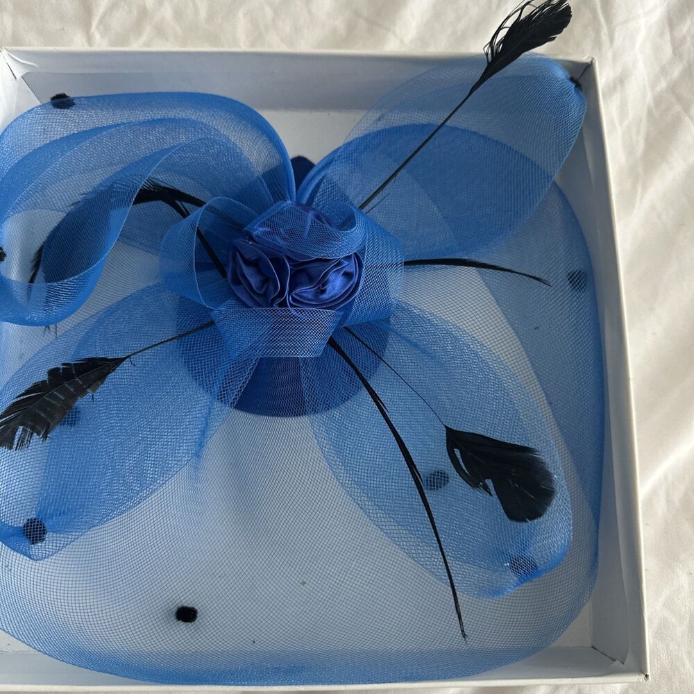Blue Fascinator Black Feathers Mesh Netting Wedding Races - Picture 4 of 10